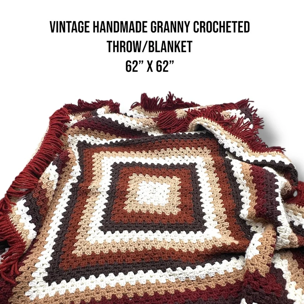 Vtg Handmade Granny Crocheted Throw Blanket Brown, Cream‎ earth tones 62” x 62”